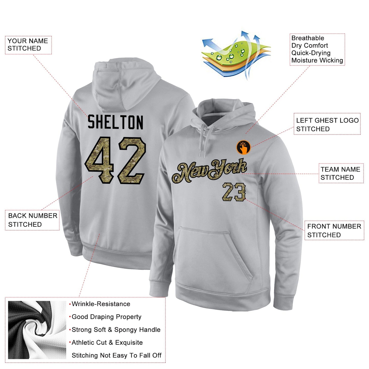 Custom Stitched Gray Camo-Black Sports Pullover Sweatshirt Hoodie view 4