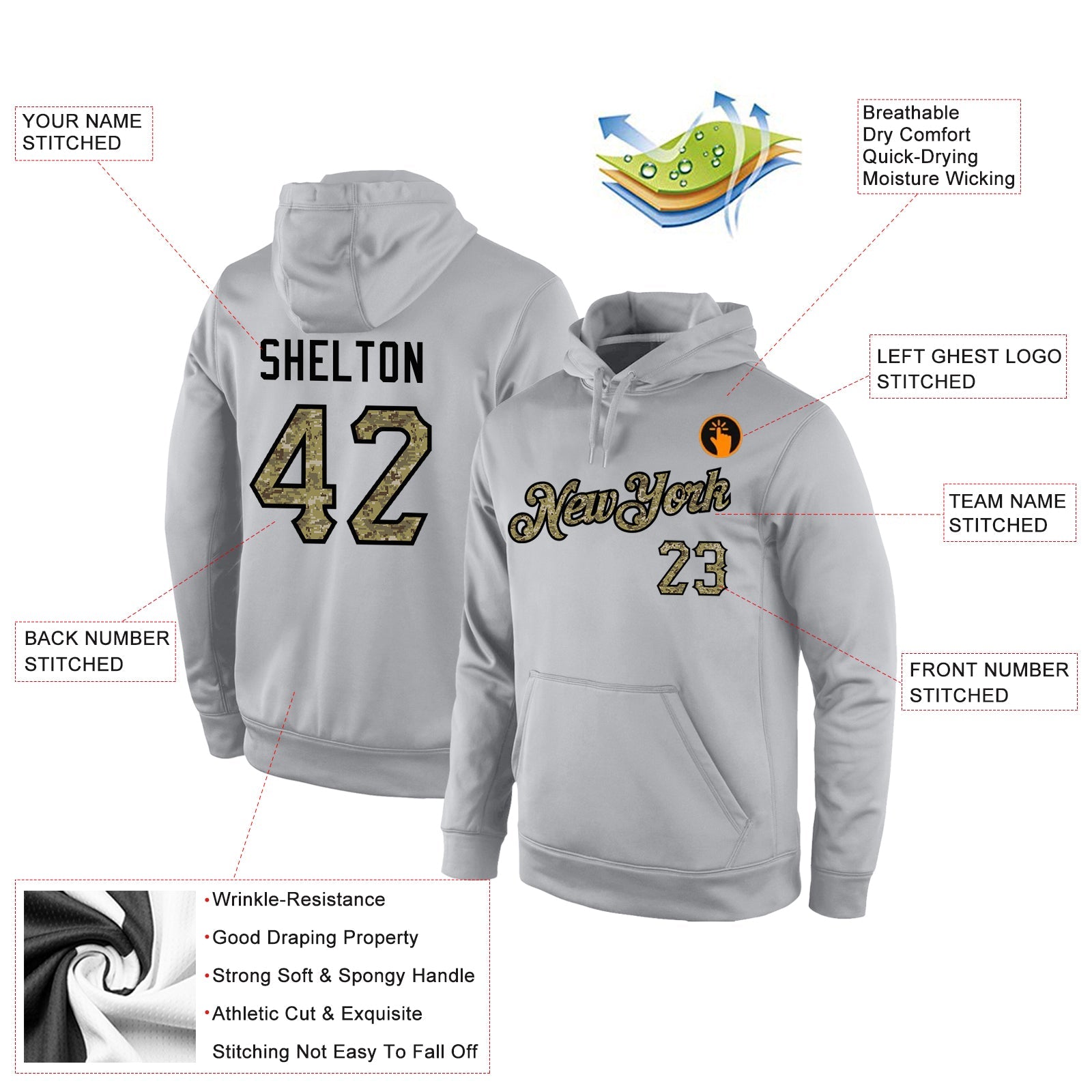 Custom Stitched Gray Camo-Black Sports Pullover Sweatshirt Hoodie view 4