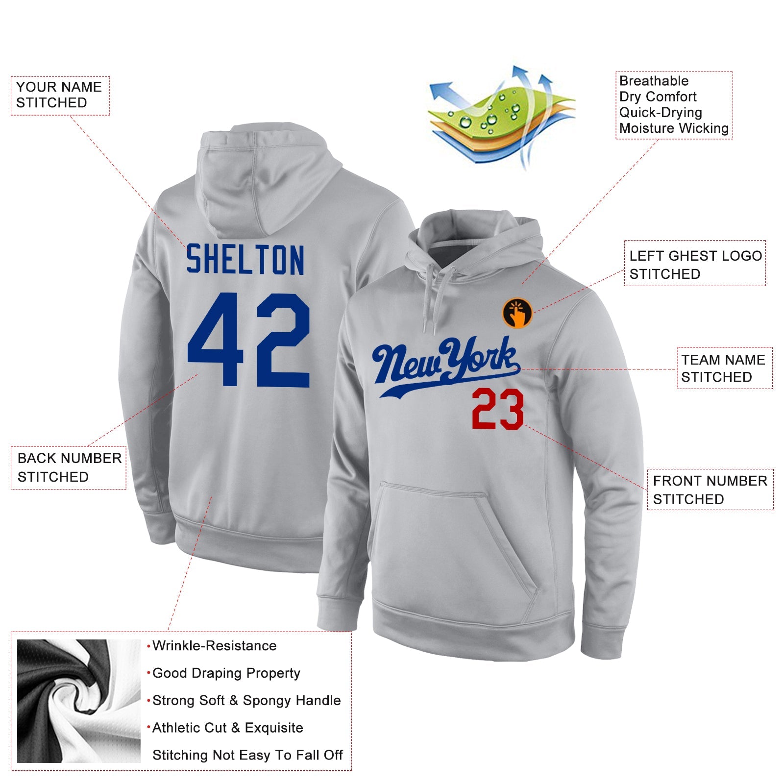 Custom Stitched Gray Royal-Red Sports Pullover Sweatshirt Hoodie view 4