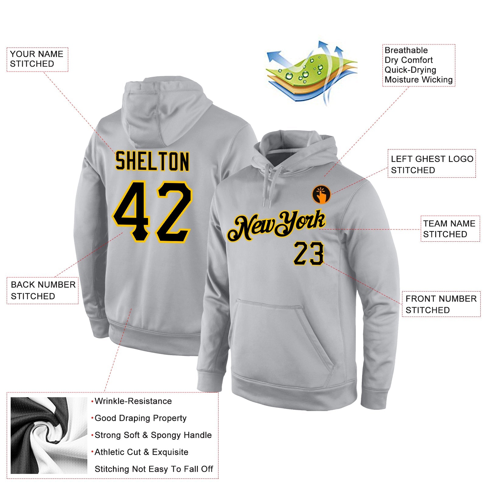 Custom Stitched Gray Black-Gold Sports Pullover Sweatshirt Hoodie view 4