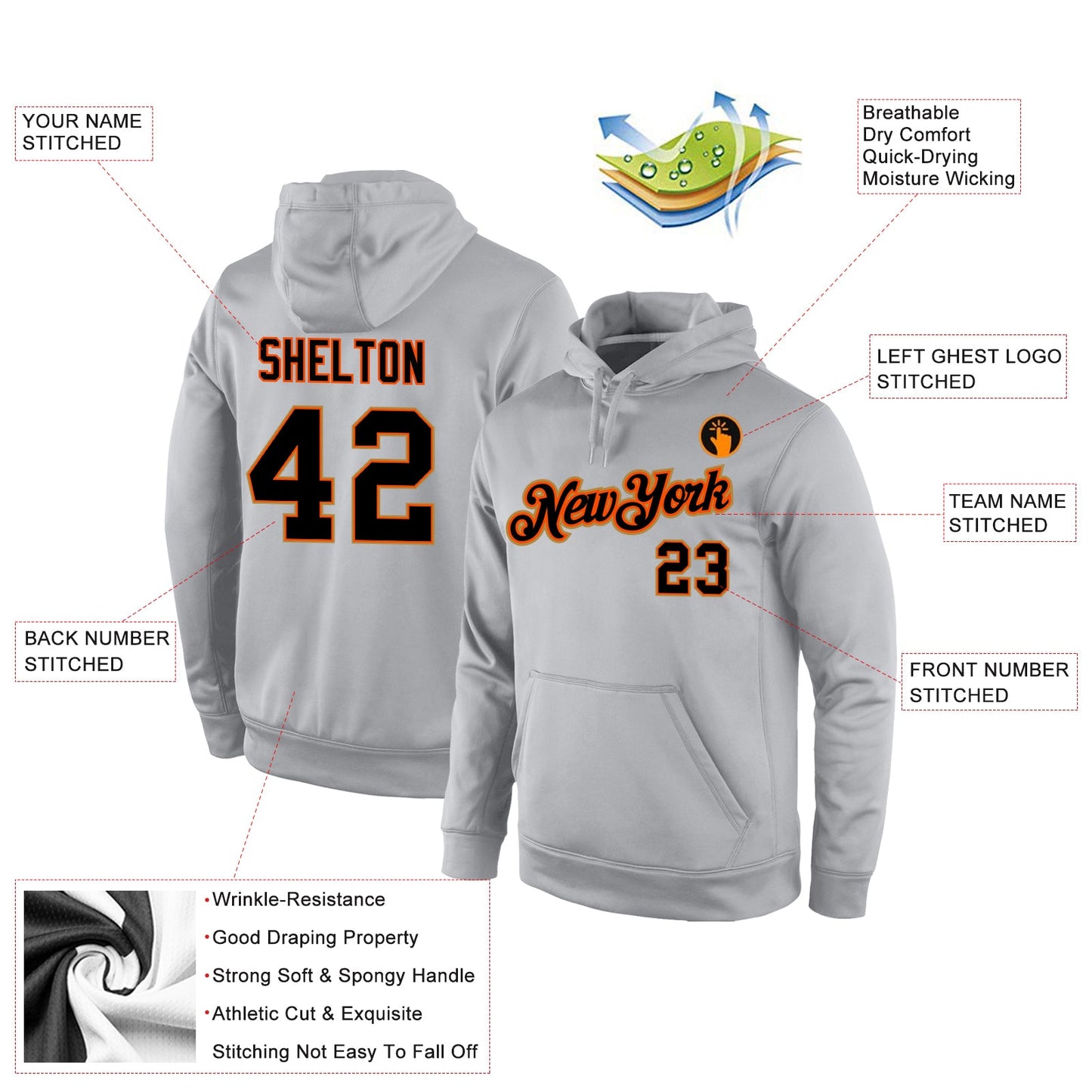 Custom Stitched Gray Black-Orange Sports Pullover Sweatshirt Hoodie view 4