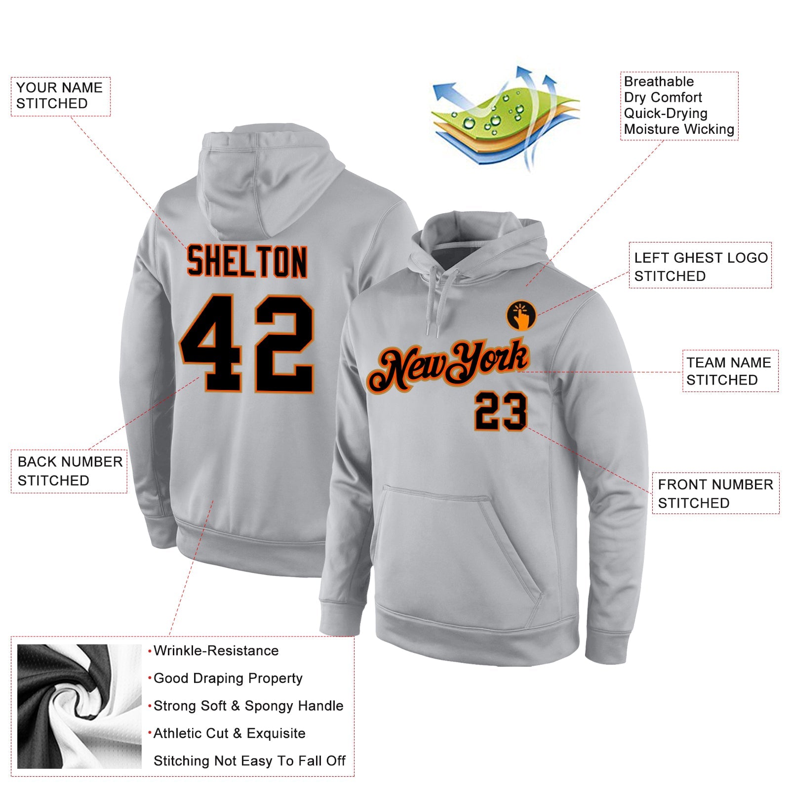 Custom Stitched Gray Black-Orange Sports Pullover Sweatshirt Hoodie view 4