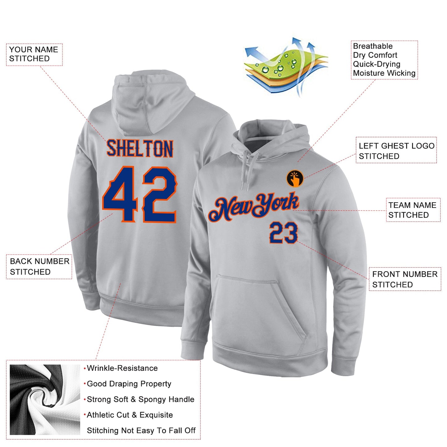 Custom Stitched Gray Royal-Orange Sports Pullover Sweatshirt Hoodie view 4