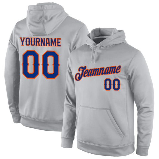 Custom Stitched Gray Royal-Orange Sports Pullover Sweatshirt Hoodie - Main View