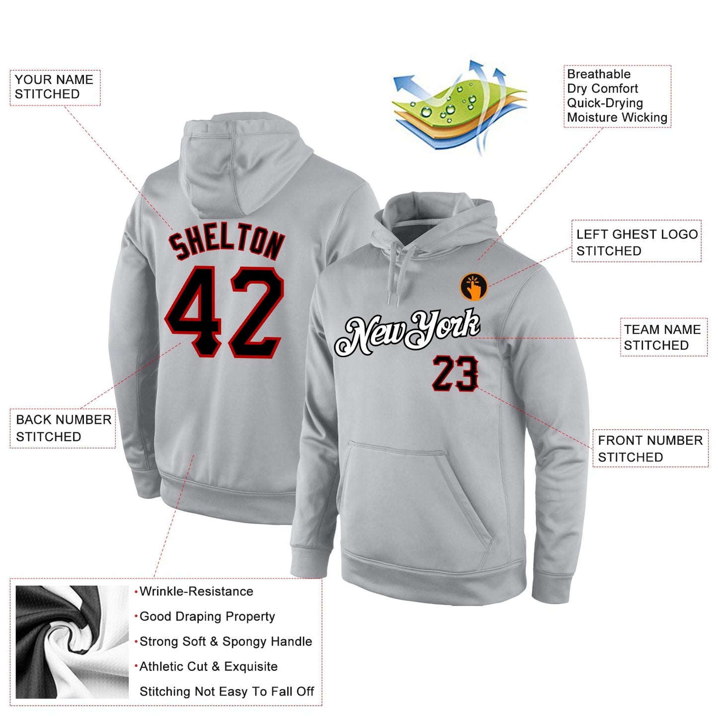 Custom Stitched Gray Black-Red Sports Pullover Sweatshirt Hoodie view 4