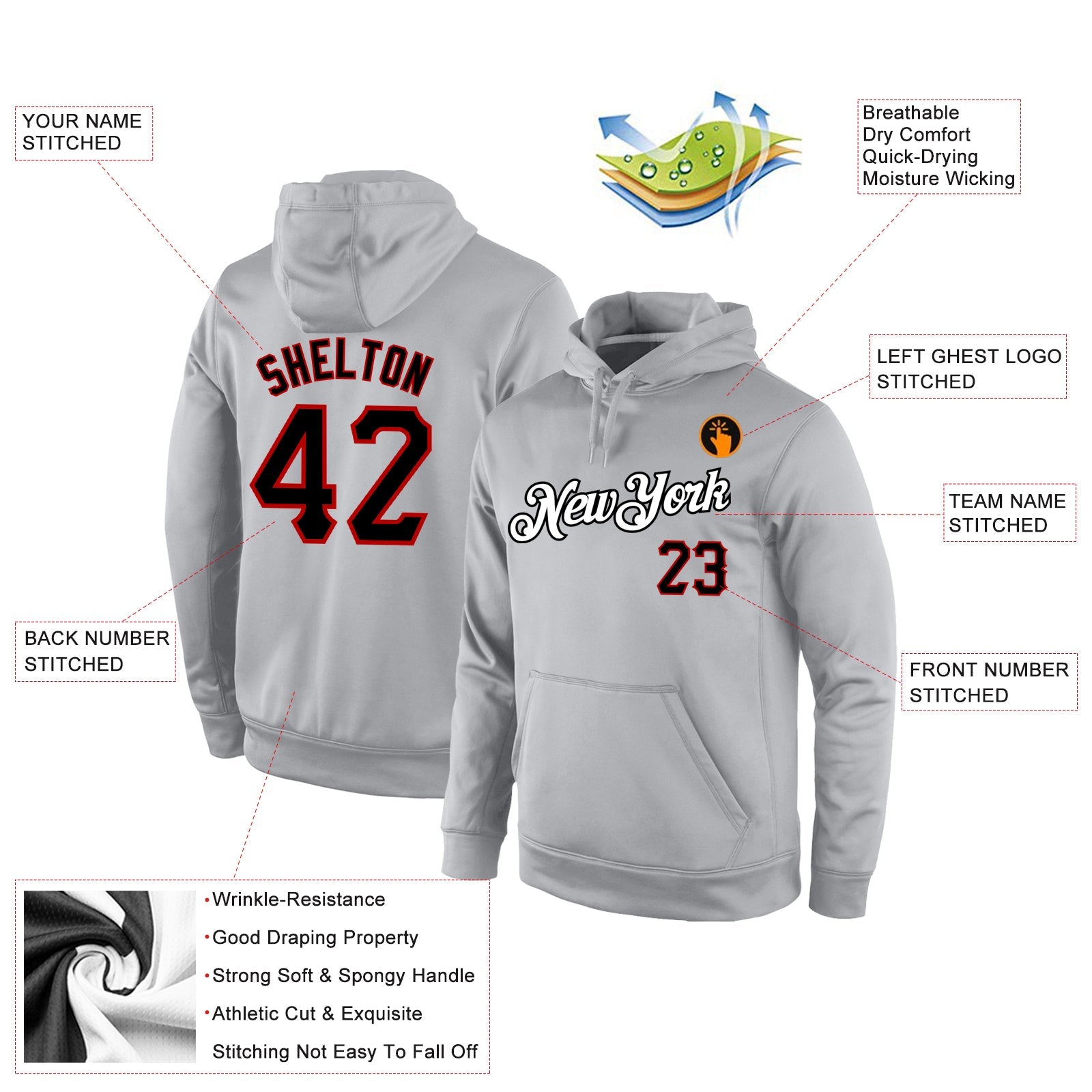 Custom Stitched Gray Black-Red Sports Pullover Sweatshirt Hoodie view 4