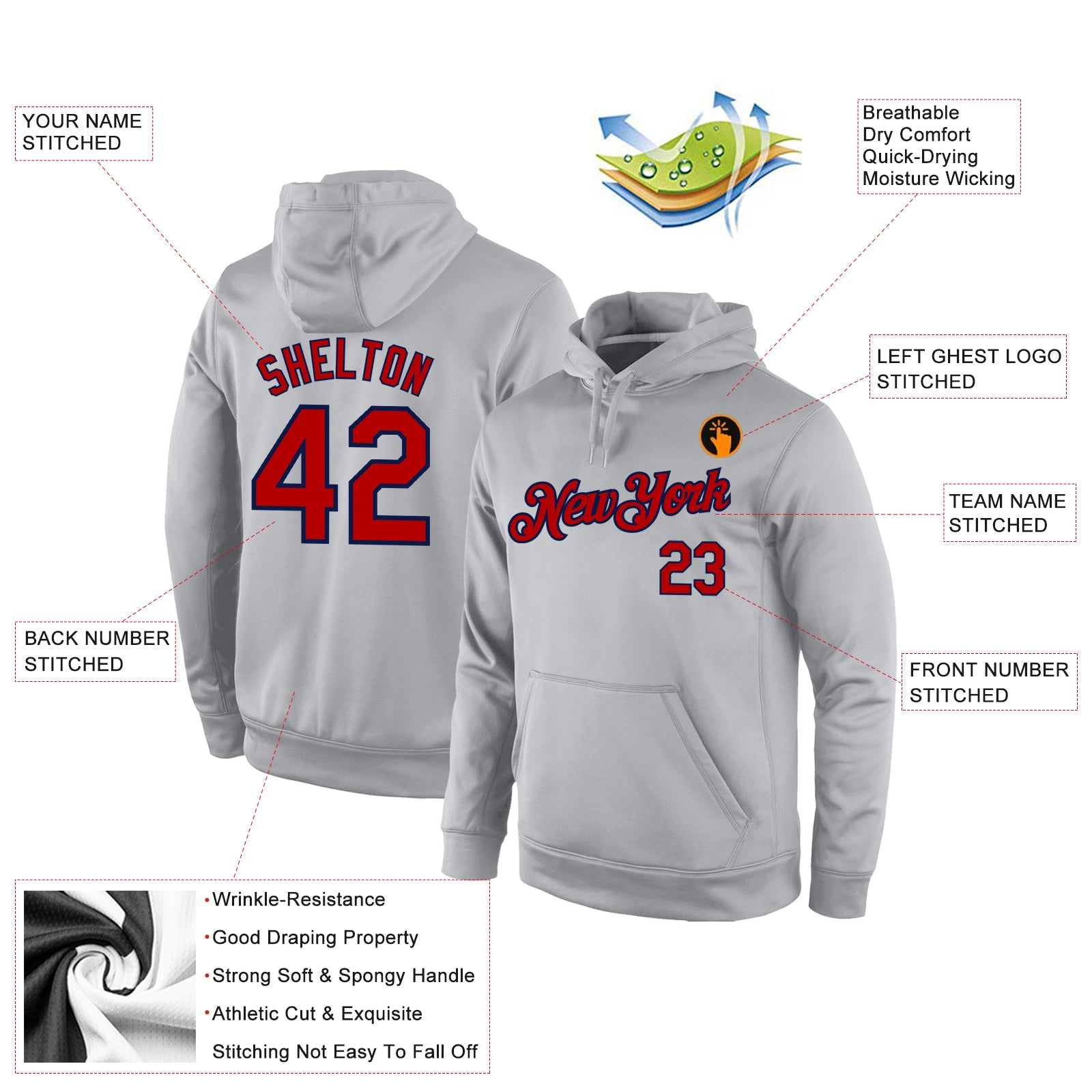 Custom Stitched Gray Red-Navy Sports Pullover Sweatshirt Hoodie view 4