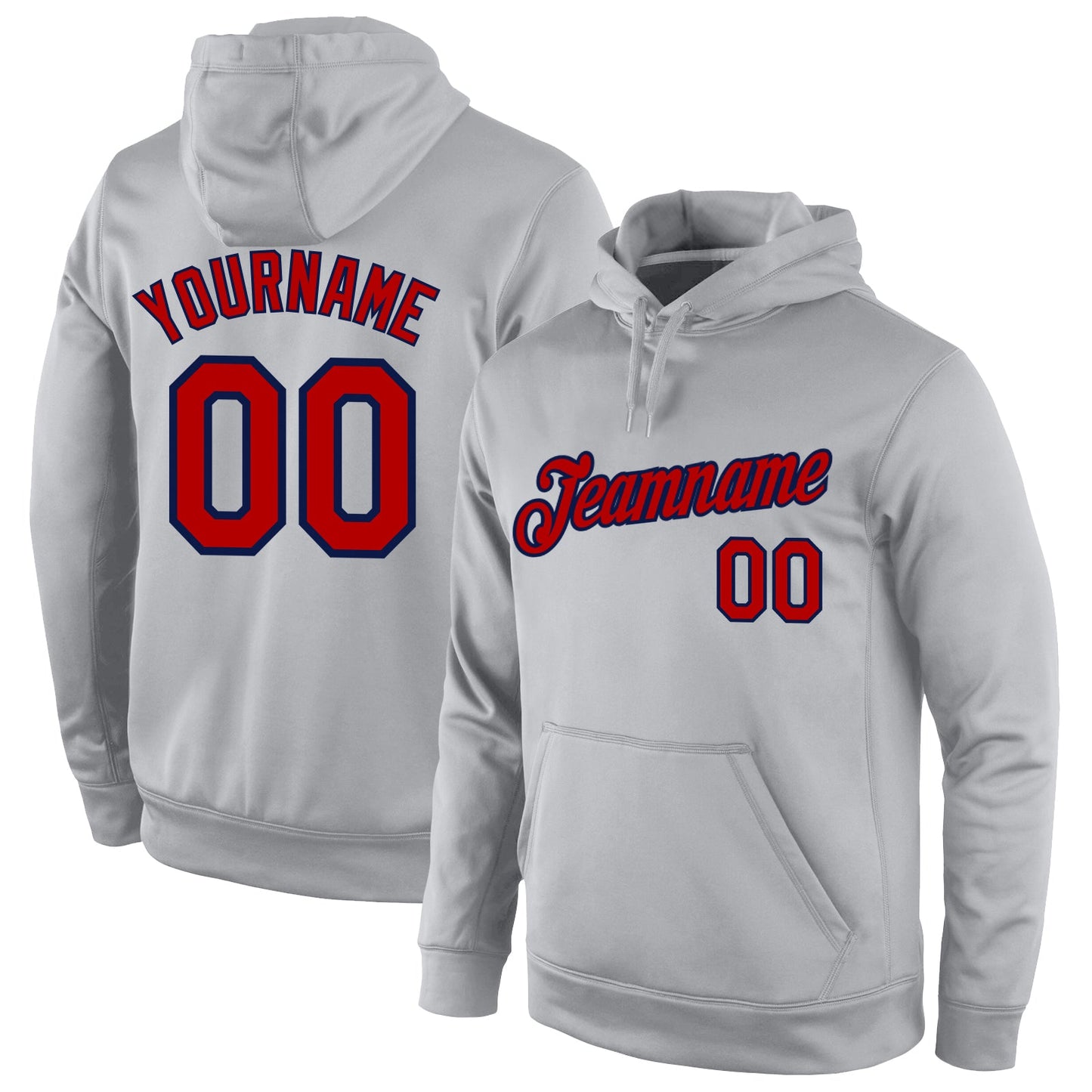 Custom Stitched Gray Red-Navy Sports Pullover Sweatshirt Hoodie - Main View