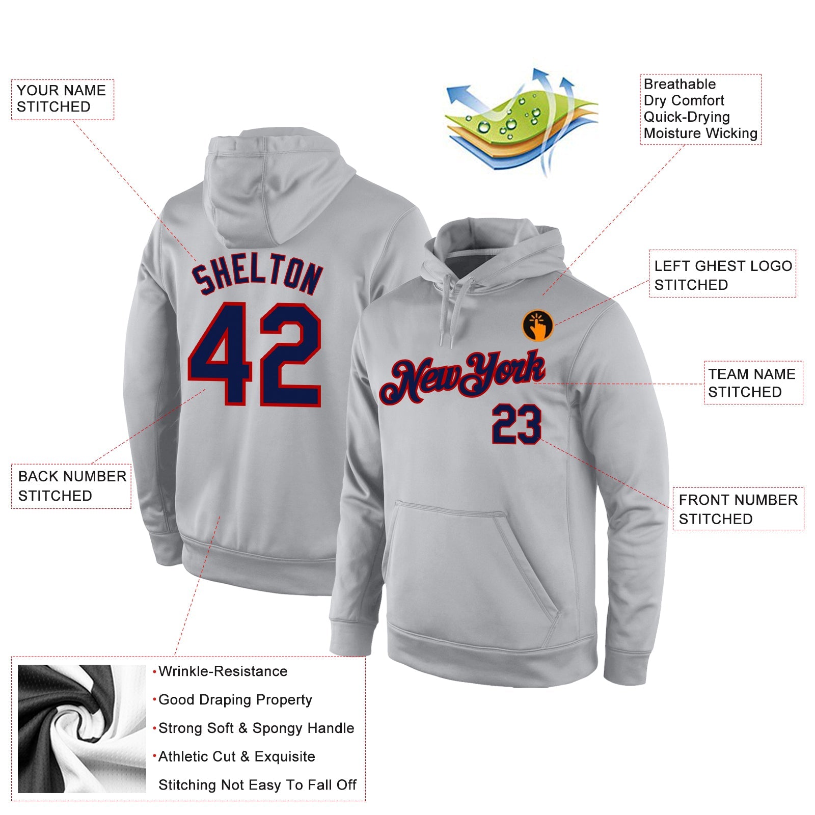 Custom Stitched Gray Navy-Red Sports Pullover Sweatshirt Hoodie view 4