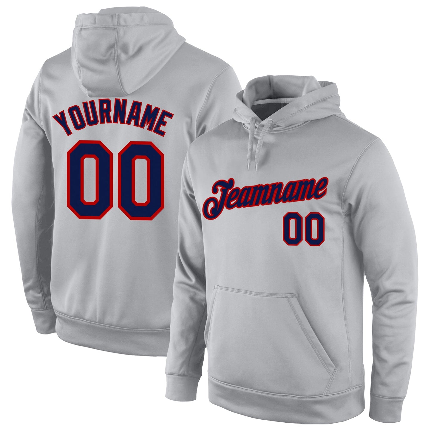 Custom Stitched Gray Navy-Red Sports Pullover Sweatshirt Hoodie - Main View