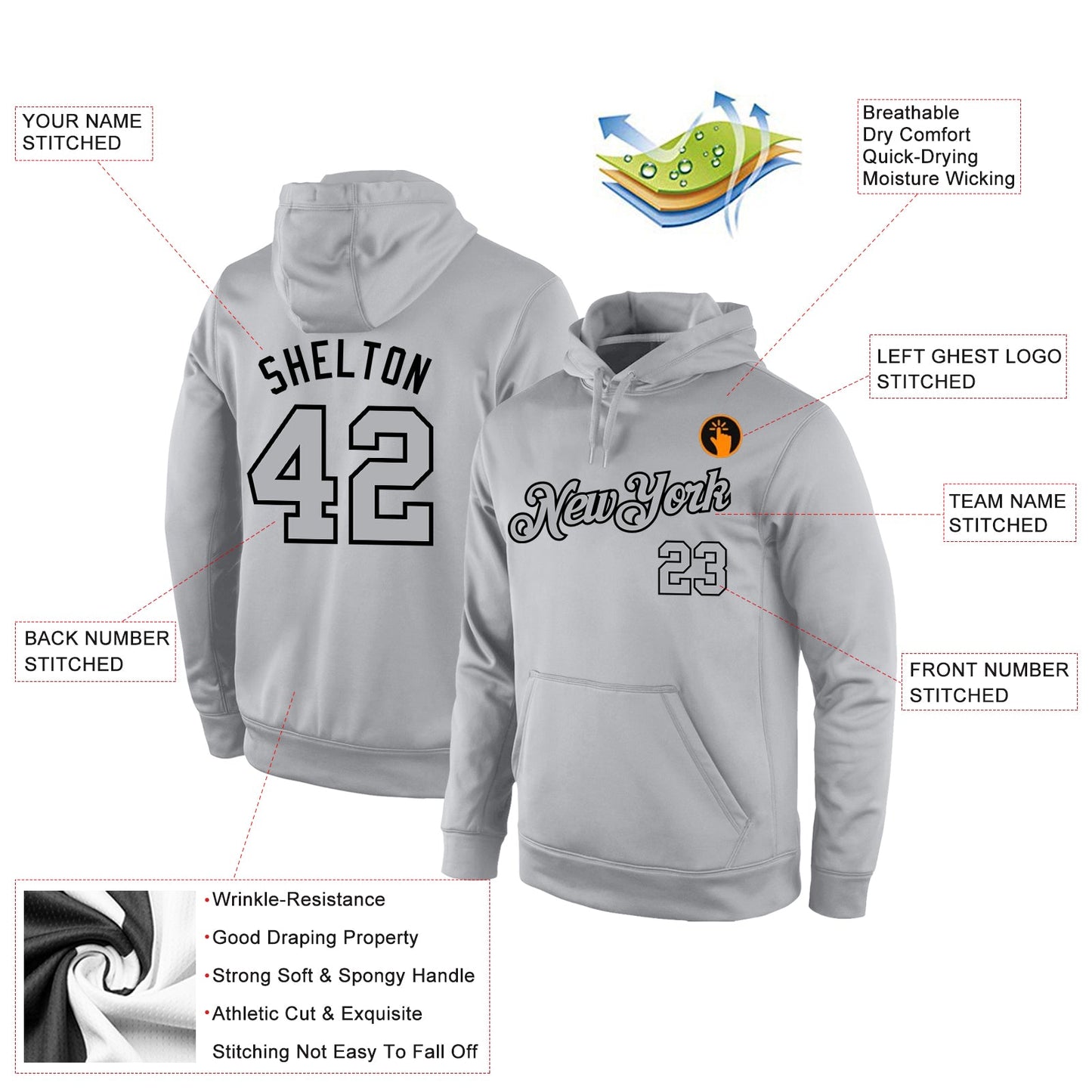 Custom Stitched Gray Gray-Black Sports Pullover Sweatshirt Hoodie view 4