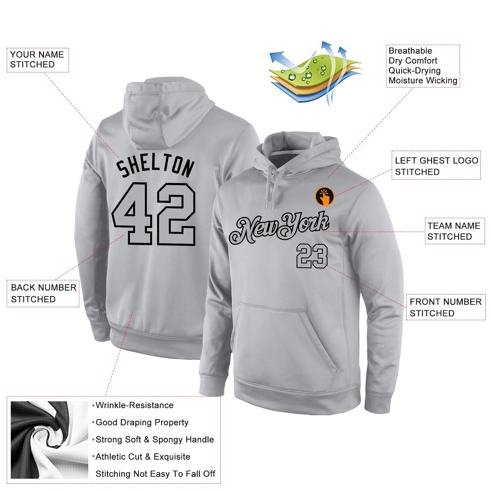 Custom Stitched Gray Gray-Black Sports Pullover Sweatshirt Hoodie view 4