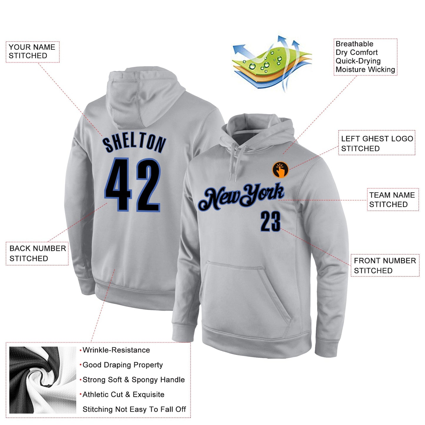 Custom Stitched Gray Black-Blue Sports Pullover Sweatshirt Hoodie view 4