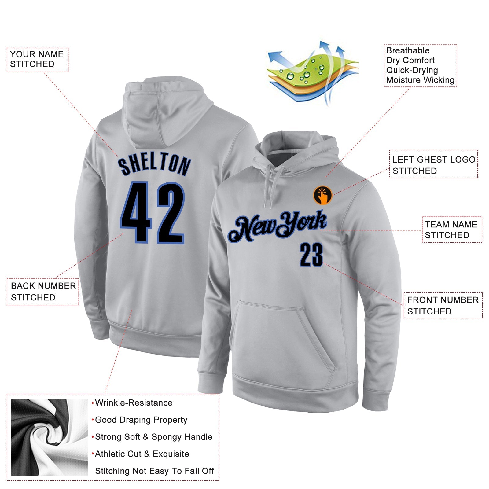 Custom Stitched Gray Black-Blue Sports Pullover Sweatshirt Hoodie view 4