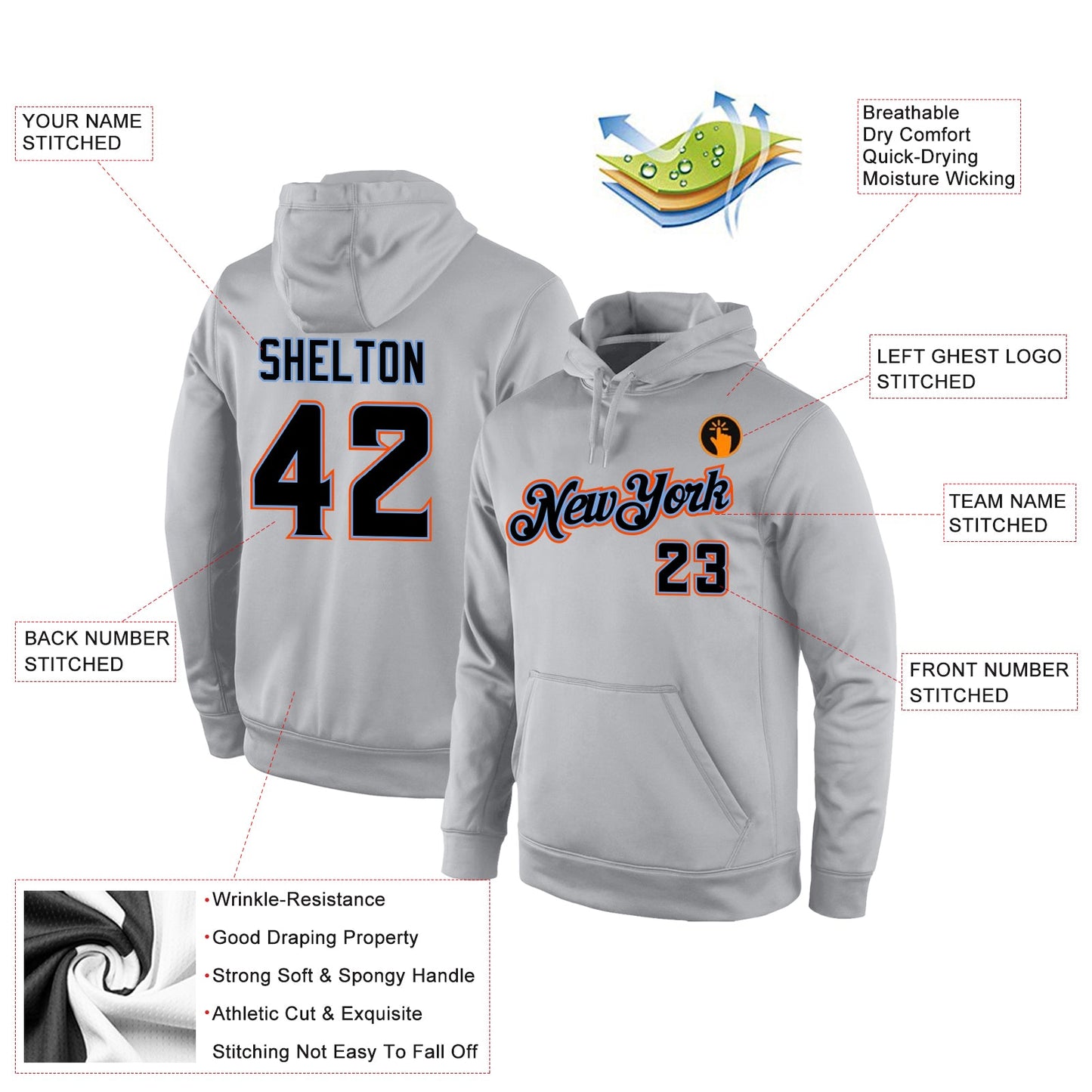 Custom Stitched Gray Black-Orange Sports Pullover Sweatshirt Hoodie view 4