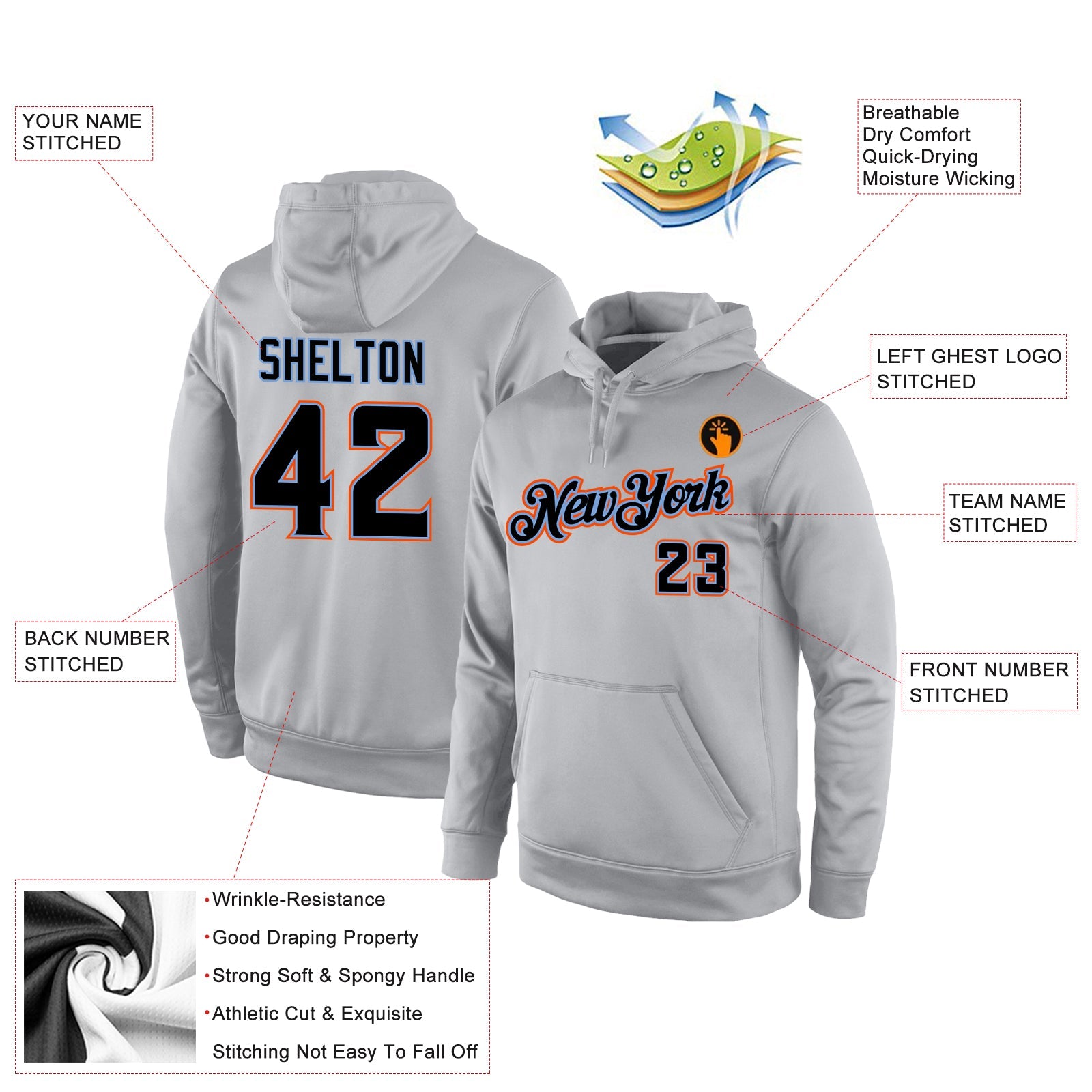 Custom Stitched Gray Black-Orange Sports Pullover Sweatshirt Hoodie view 4