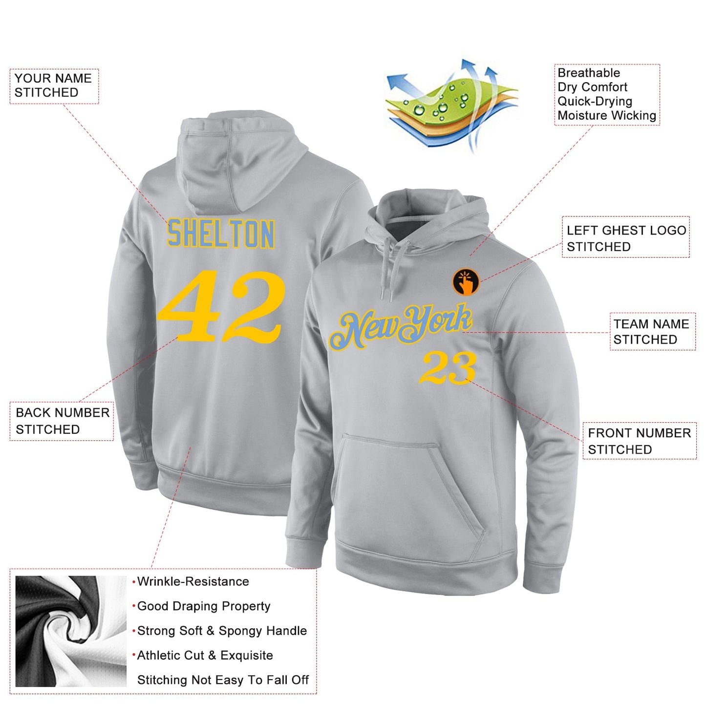 Custom Stitched Gray Gold Sports Pullover Sweatshirt Hoodie view 4