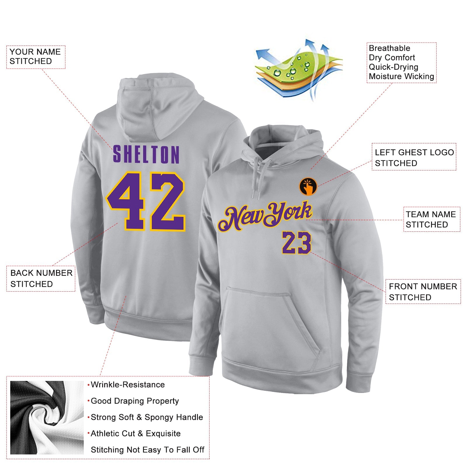 Custom Stitched Gray Purple-Gold Sports Pullover Sweatshirt Hoodie view 4