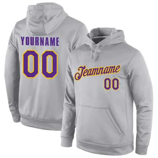 Custom Stitched Gray Purple-Gold Sports Pullover Sweatshirt Hoodie - Main View