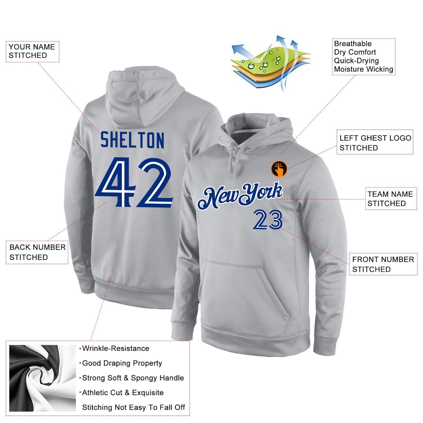 Custom Stitched Gray Royal-White Sports Pullover Sweatshirt Hoodie view 4