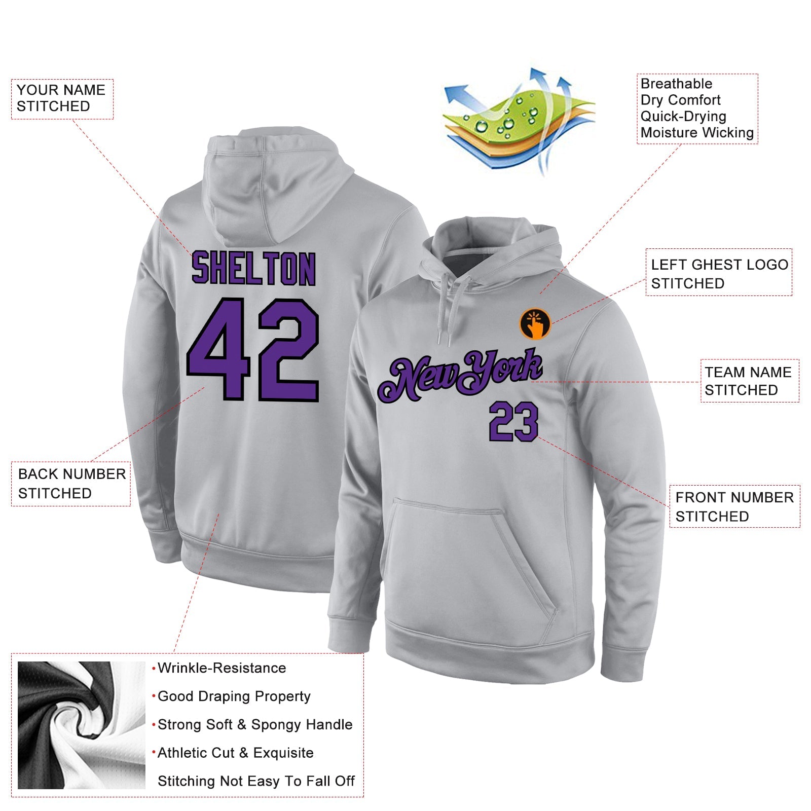 Custom Stitched Gray Purple-Black Sports Pullover Sweatshirt Hoodie view 4