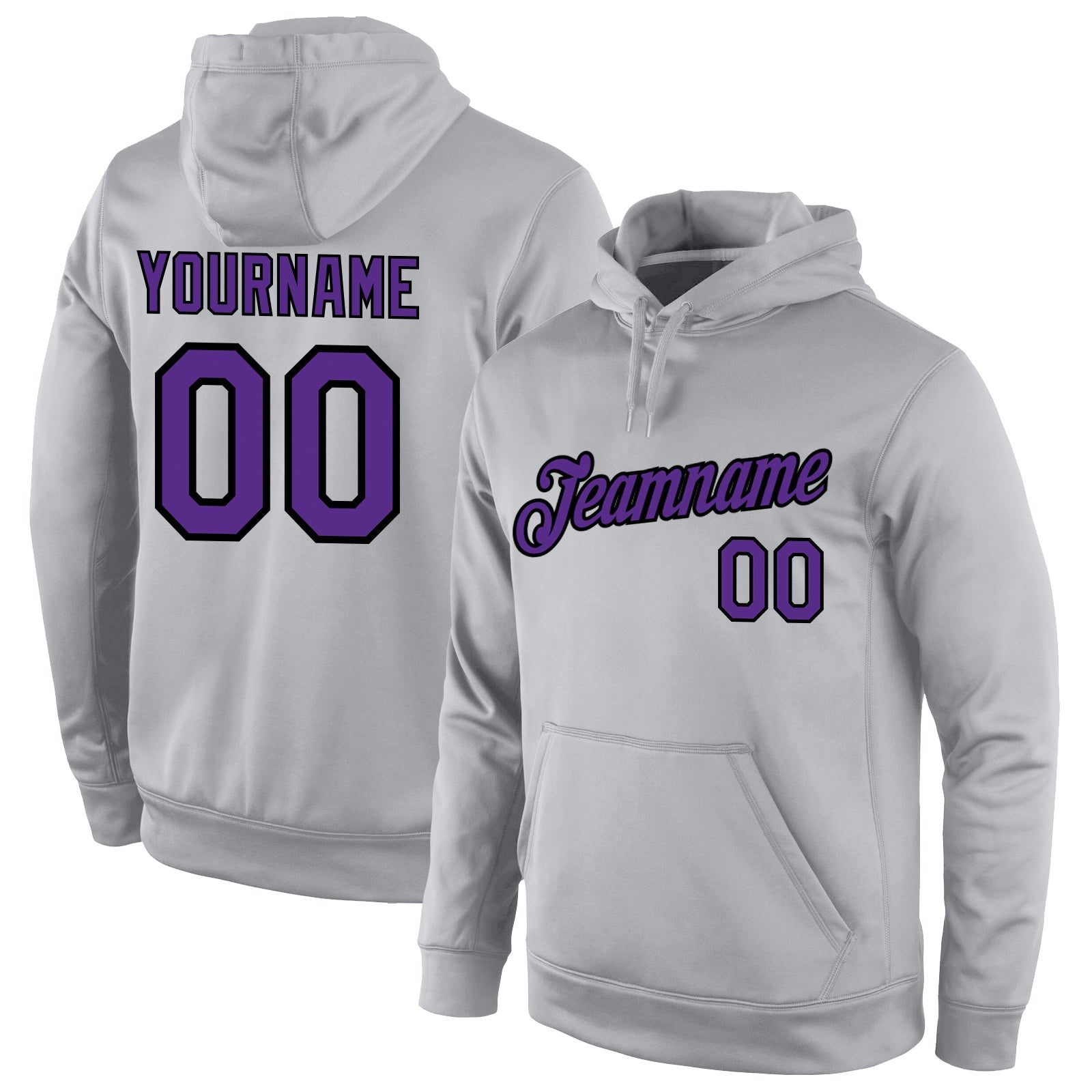 Custom Stitched Gray Purple-Black Sports Pullover Sweatshirt Hoodie - Main View