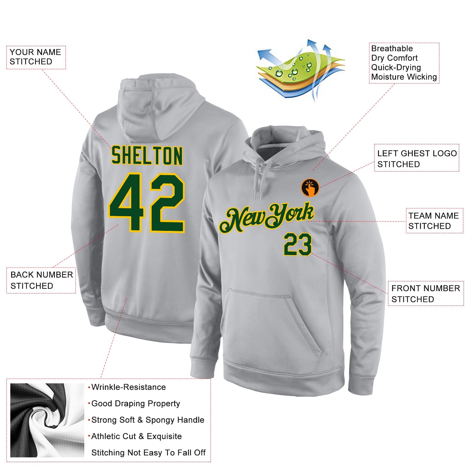 Custom Stitched Gray Green-Gold Sports Pullover Sweatshirt Hoodie view 4