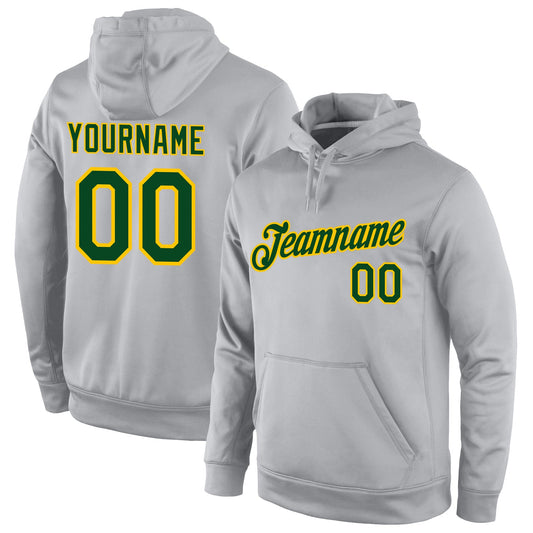 Custom Stitched Gray Green-Gold Sports Pullover Sweatshirt Hoodie - Main View