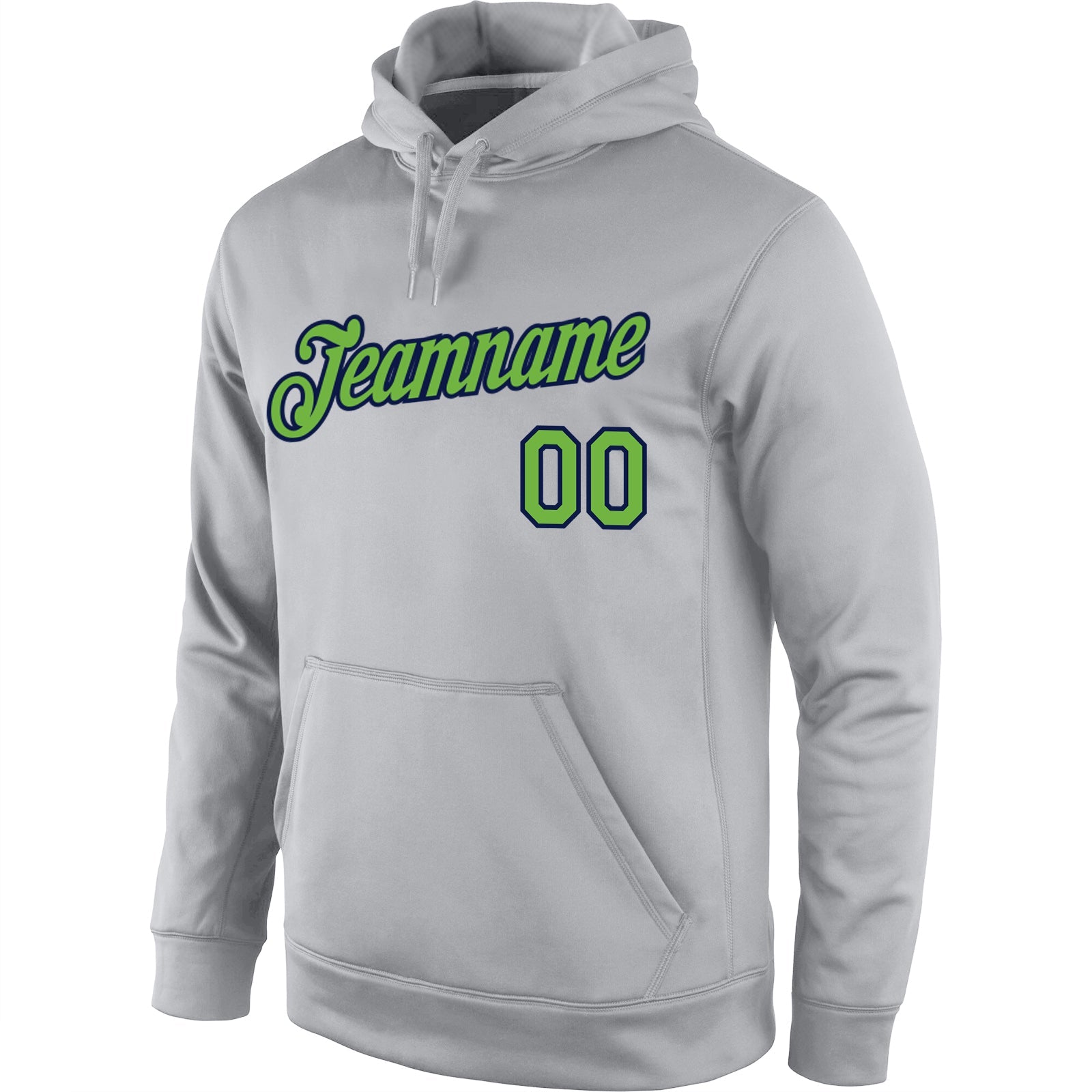 Custom Stitched Gray Neon Green-Navy Sports Pullover Sweatshirt Hoodie view 2
