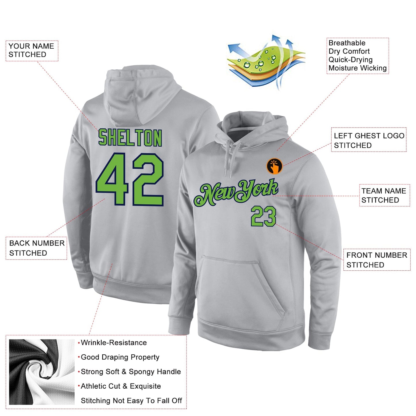 Custom Stitched Gray Neon Green-Navy Sports Pullover Sweatshirt Hoodie view 4