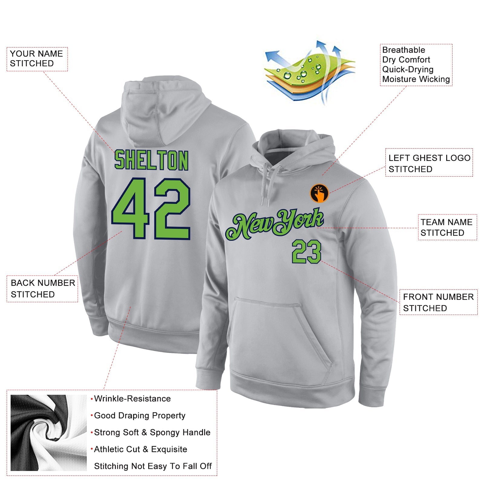 Custom Stitched Gray Neon Green-Navy Sports Pullover Sweatshirt Hoodie view 4