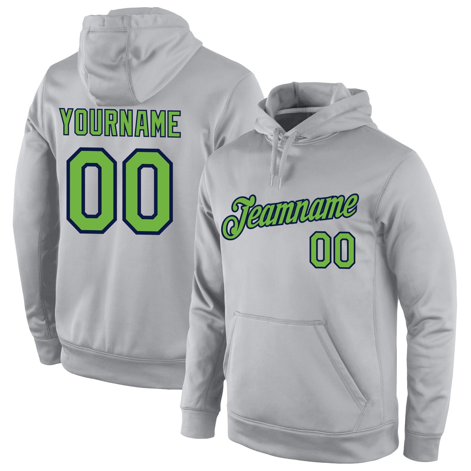 Custom Stitched Gray Neon Green-Navy Sports Pullover Sweatshirt Hoodie - Main View