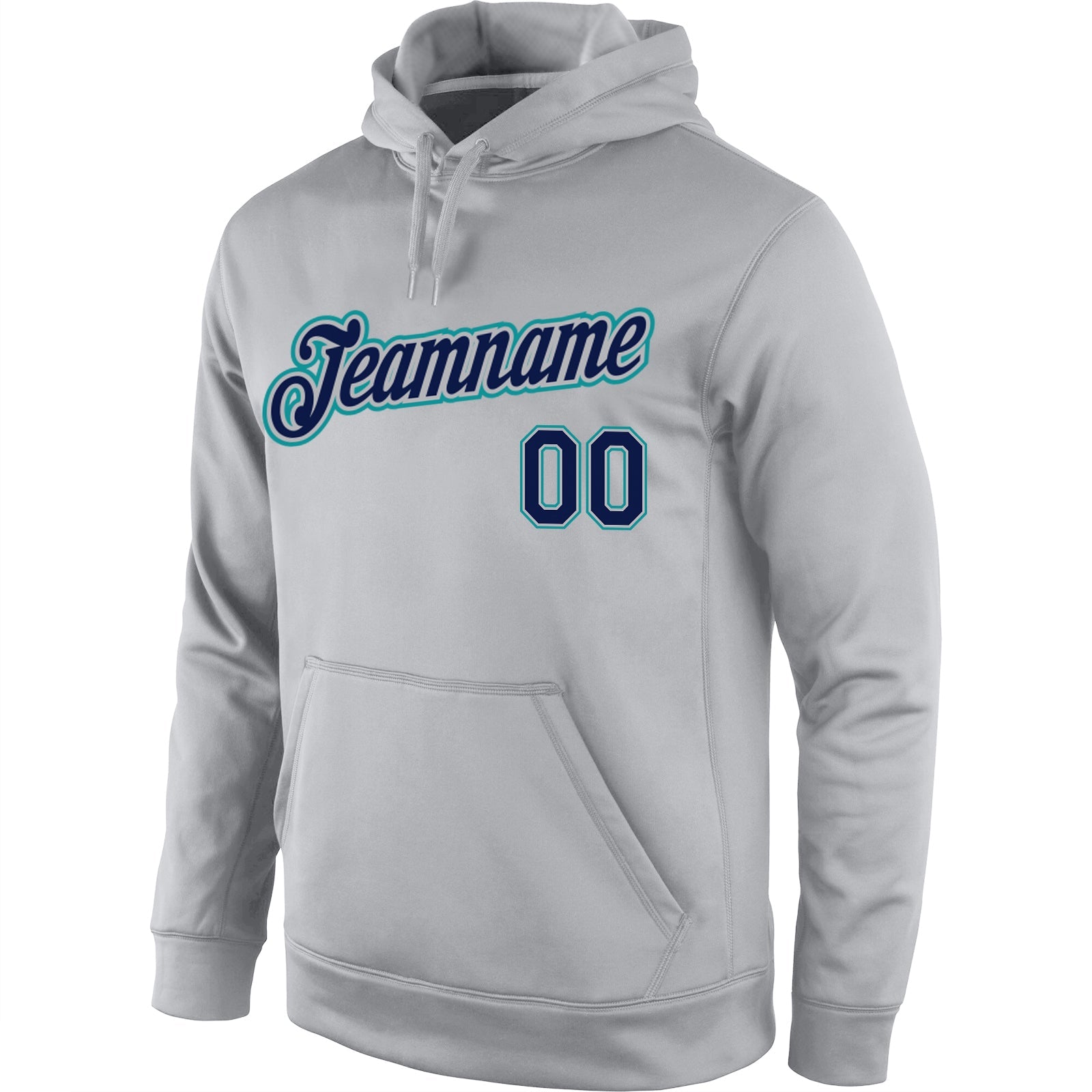 Custom Stitched Gray Navy-Aqua Sports Pullover Sweatshirt Hoodie view 2