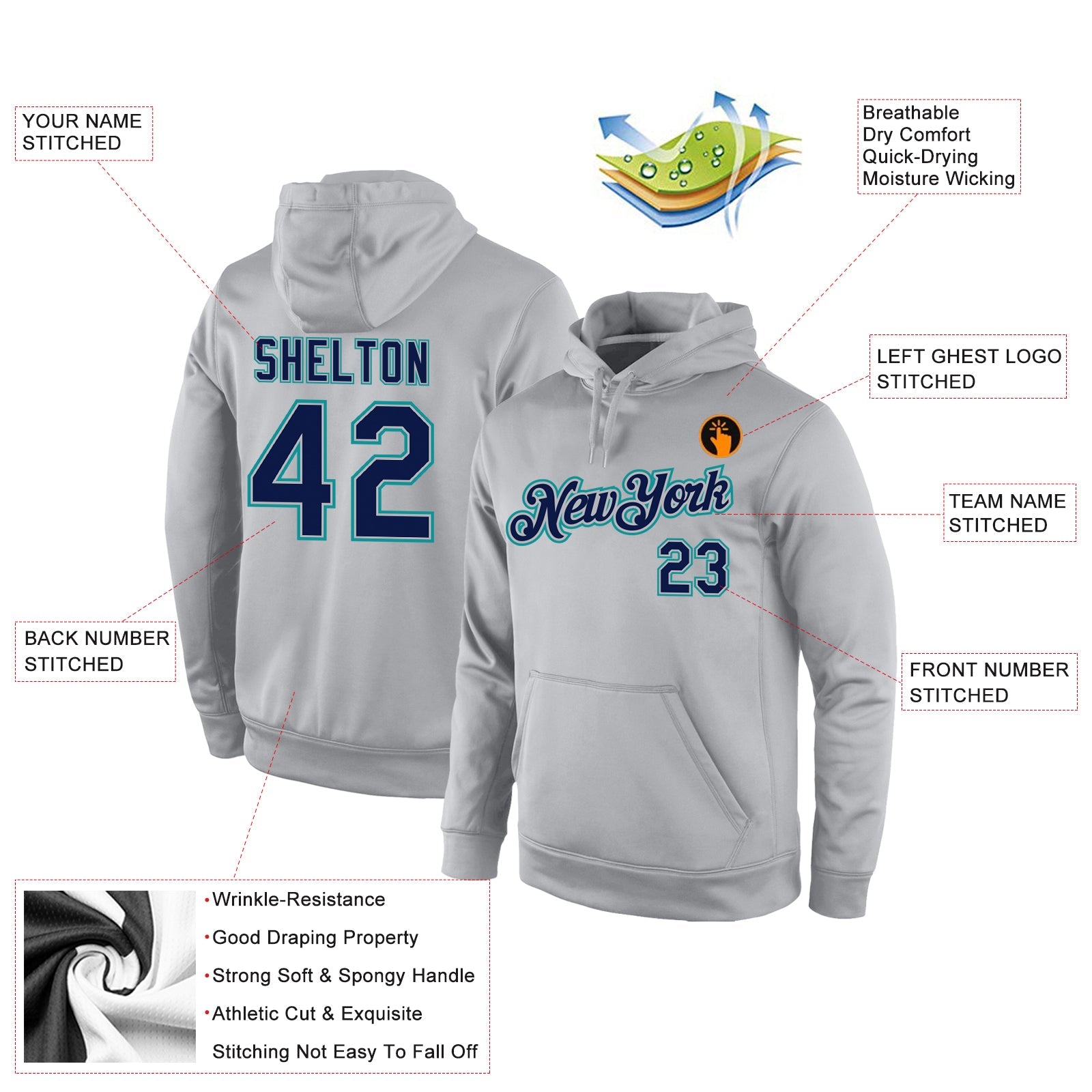 Custom Stitched Gray Navy-Aqua Sports Pullover Sweatshirt Hoodie view 4