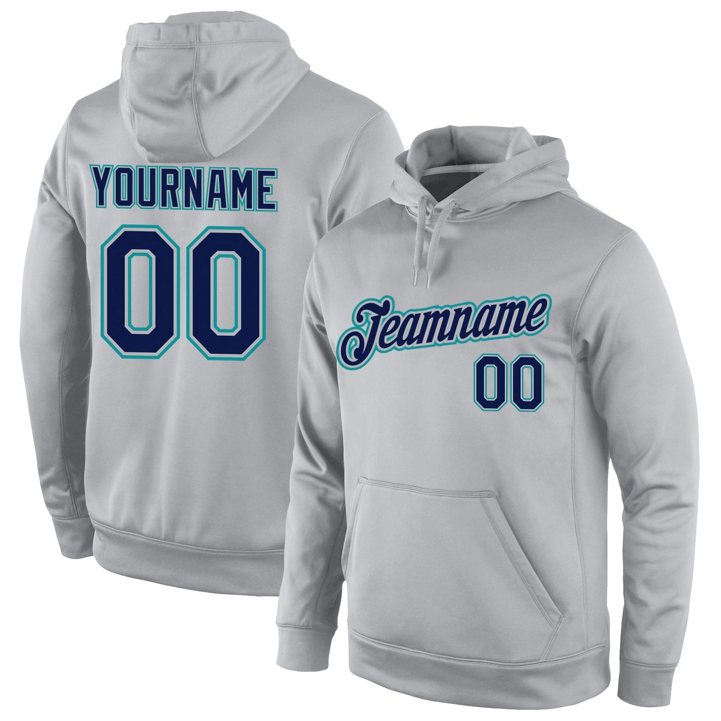 Custom Stitched Gray Navy-Aqua Sports Pullover Sweatshirt Hoodie - Main View