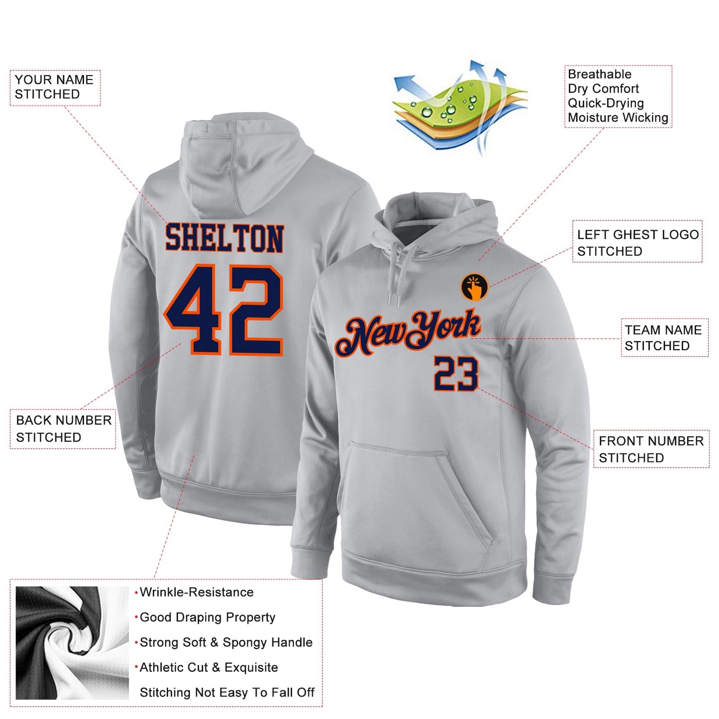 Custom Stitched Gray Navy-Orange Sports Pullover Sweatshirt Hoodie view 4