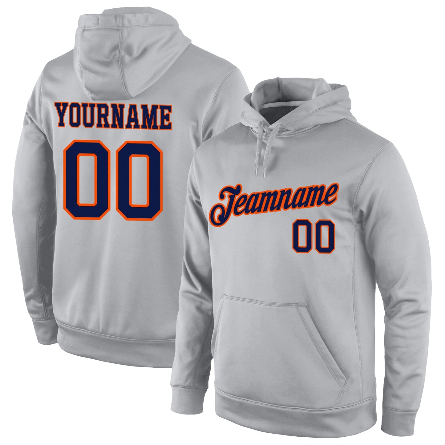Custom Stitched Gray Navy-Orange Sports Pullover Sweatshirt Hoodie - Main View