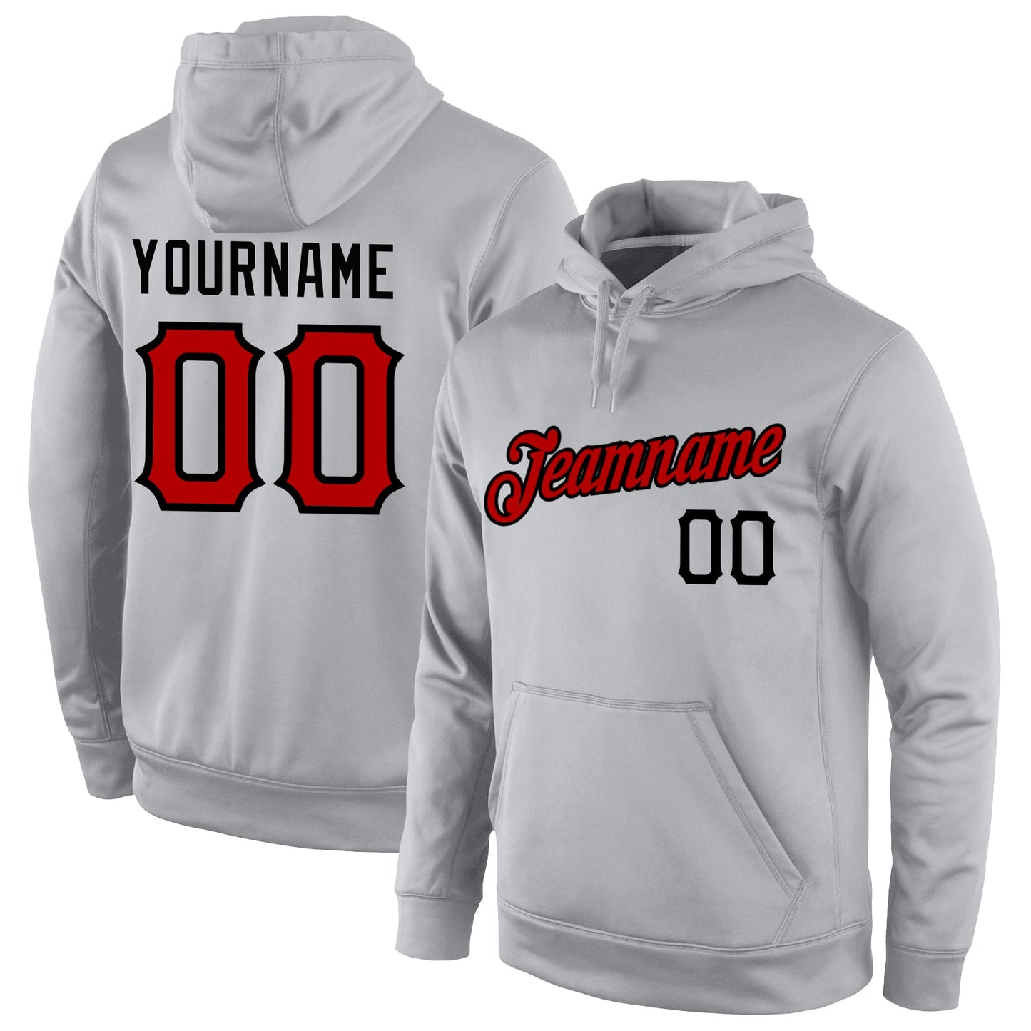 Custom Stitched Gray Red-Black Sports Pullover Sweatshirt Hoodie - Main View