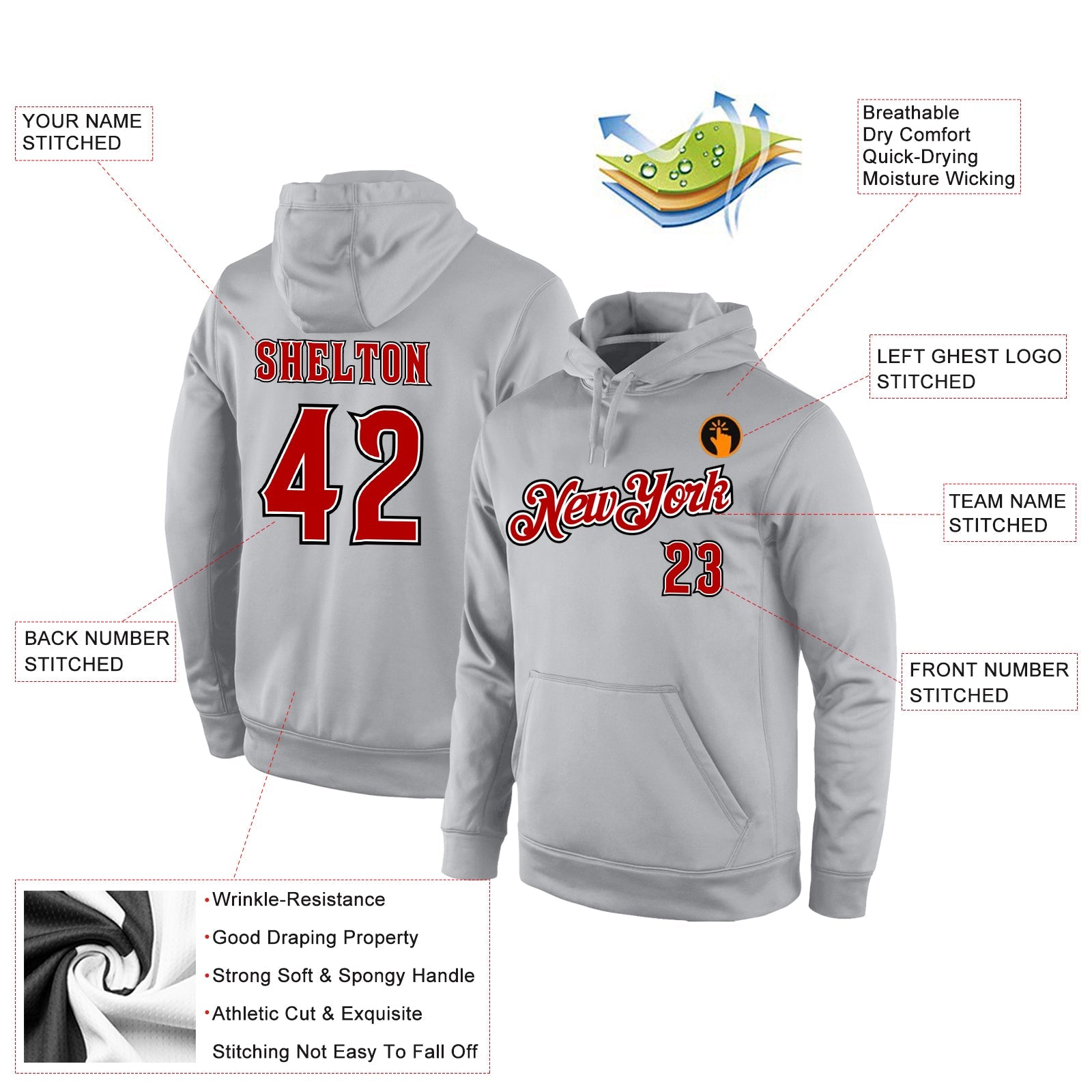 Custom Stitched Gray Orange-Black Sports Pullover Sweatshirt Hoodie view 4