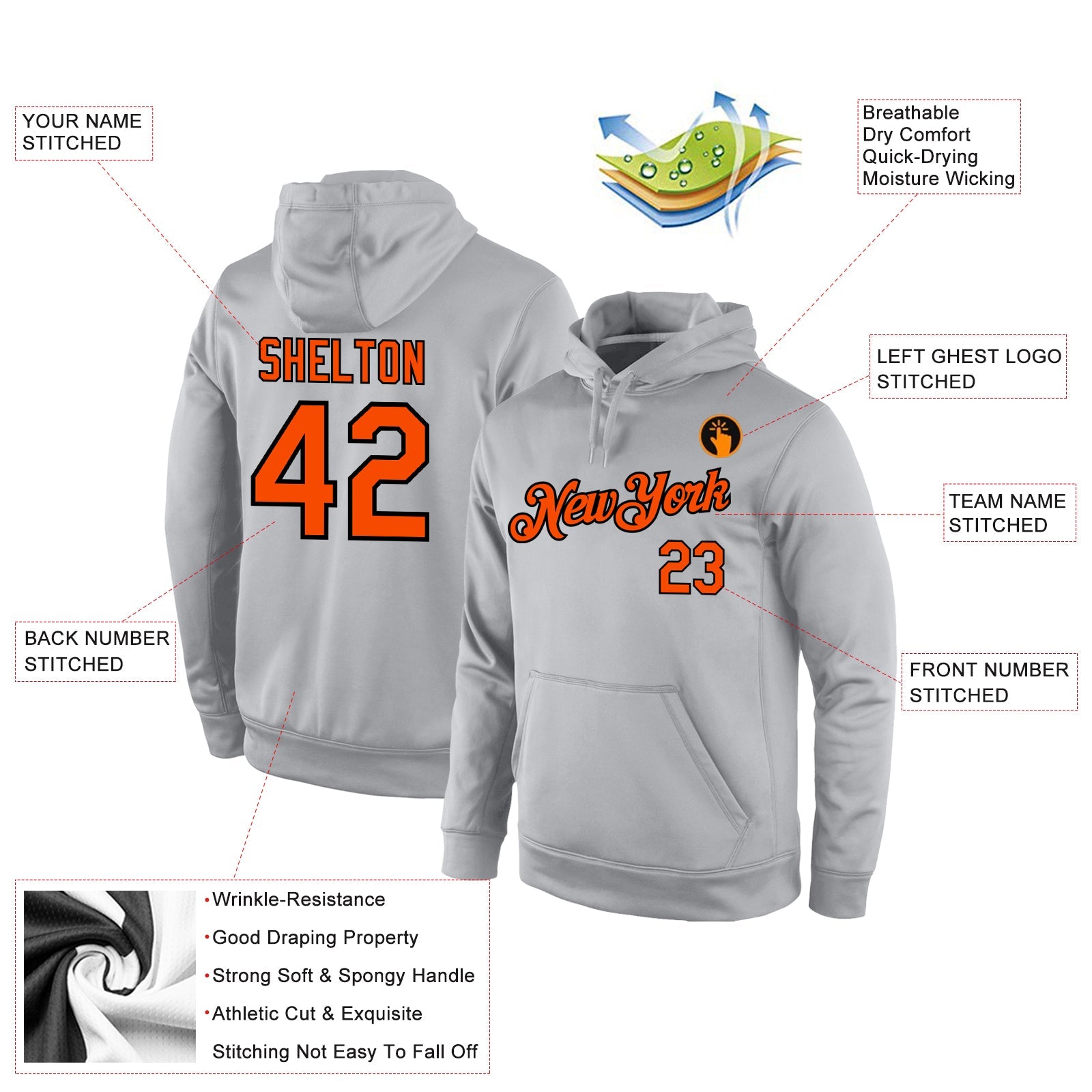 Custom Stitched Gray Orange-Black Sports Pullover Sweatshirt Hoodie view 4