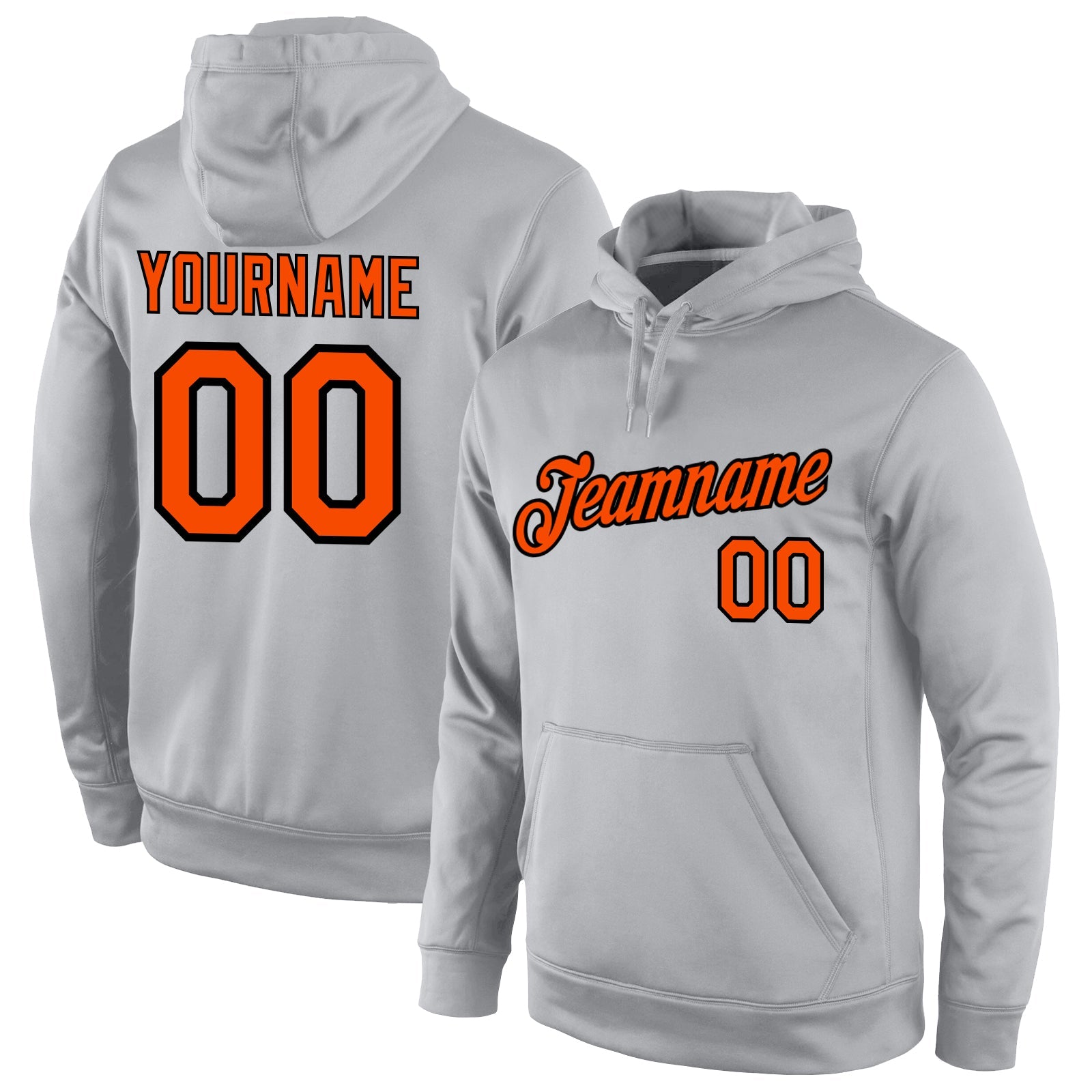 Custom Stitched Gray Orange-Black Sports Pullover Sweatshirt Hoodie - Main View