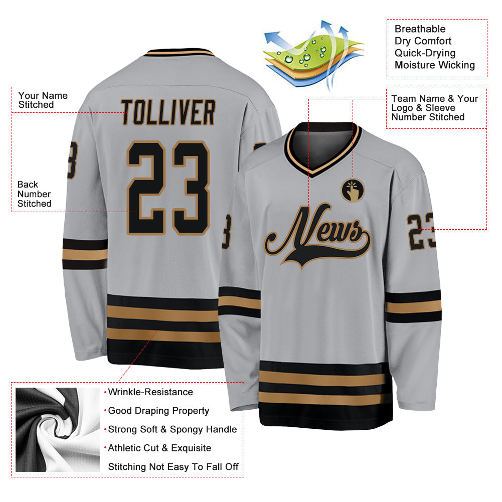 Custom Gray Black-Old Gold Hockey Jersey view 4