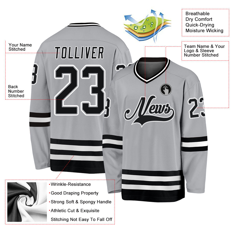 Custom Gray Black-White Hockey Jersey view 4