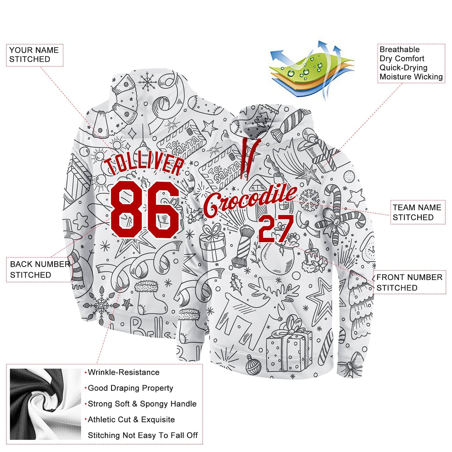 Custom Stitched White Red-White Christmas 3D Sports Pullover Sweatshirt Hoodie view 2