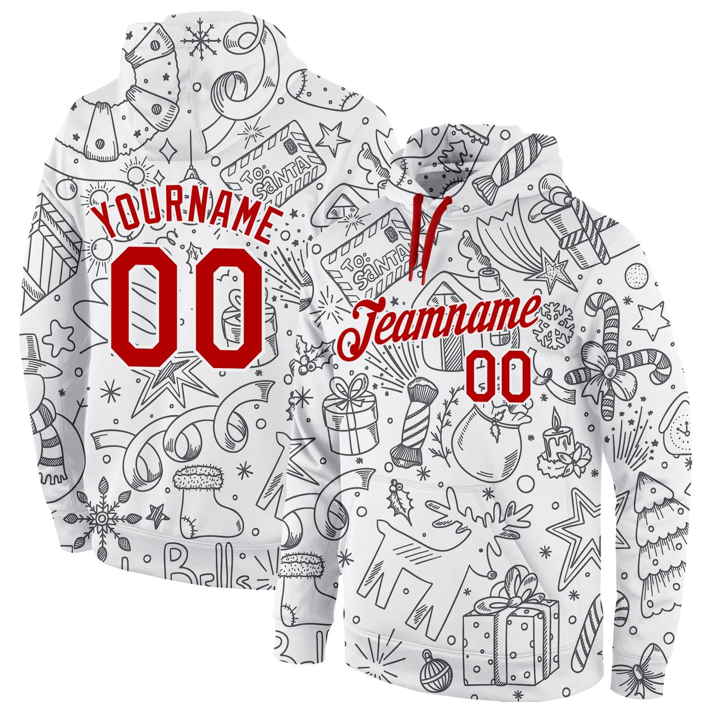 Custom Stitched White Red-White Christmas 3D Sports Pullover Sweatshirt Hoodie - Main View
