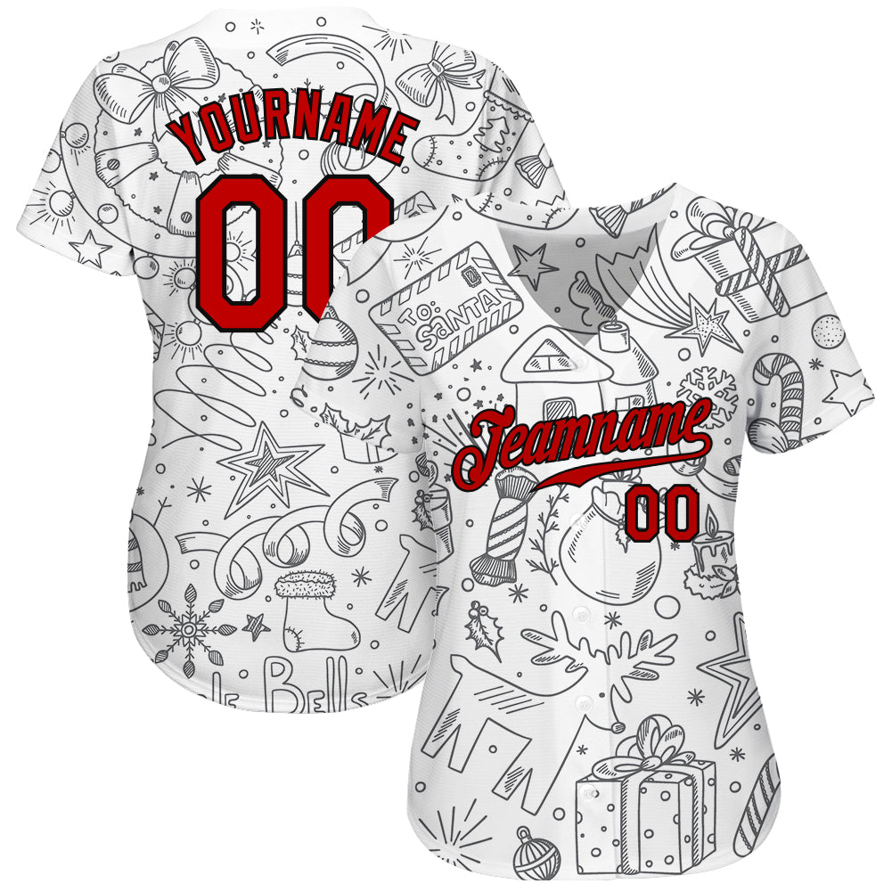Custom Gray Red-Black Christmas 3D Authentic Baseball Jersey view 3