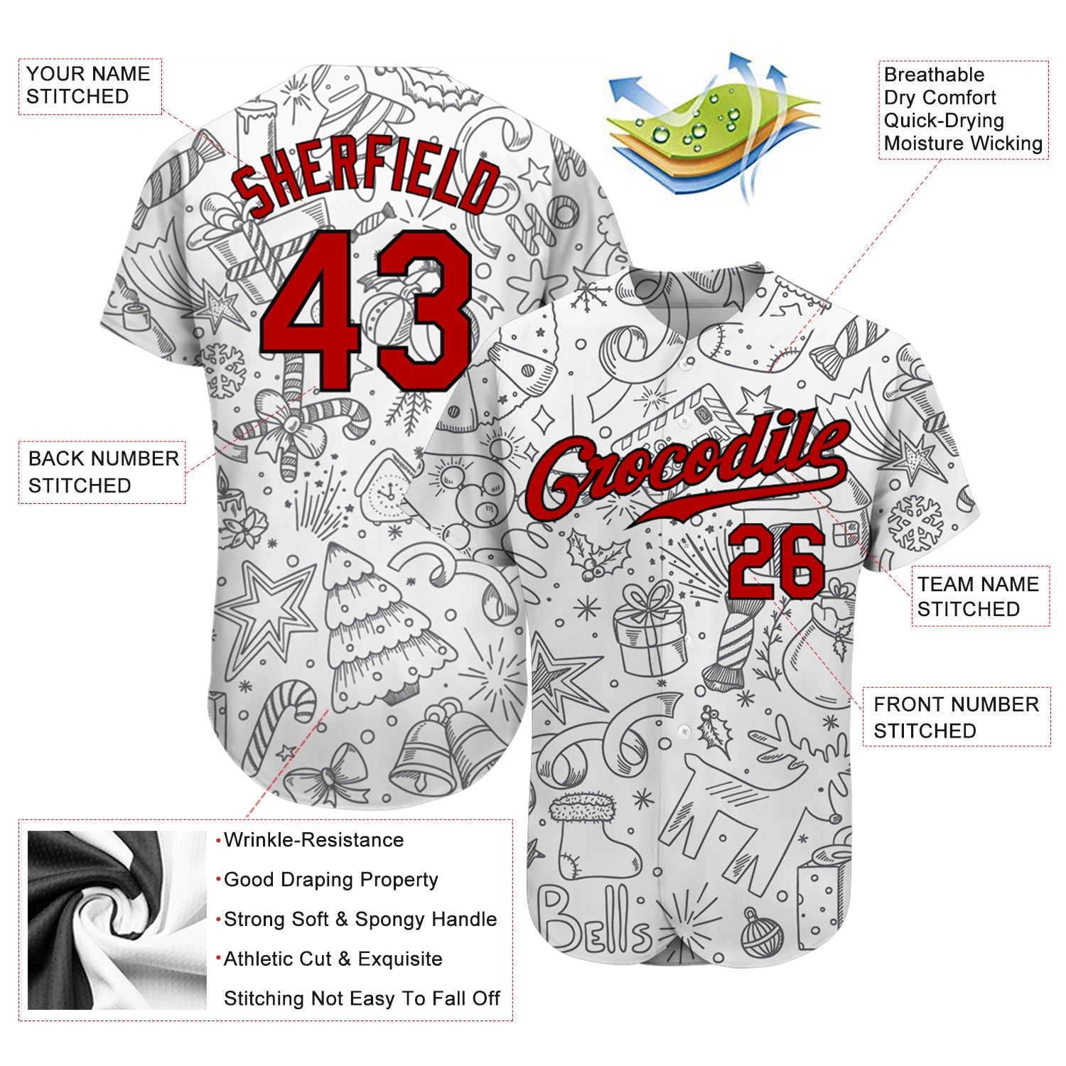 Custom Gray Red-Black Christmas 3D Authentic Baseball Jersey view 4
