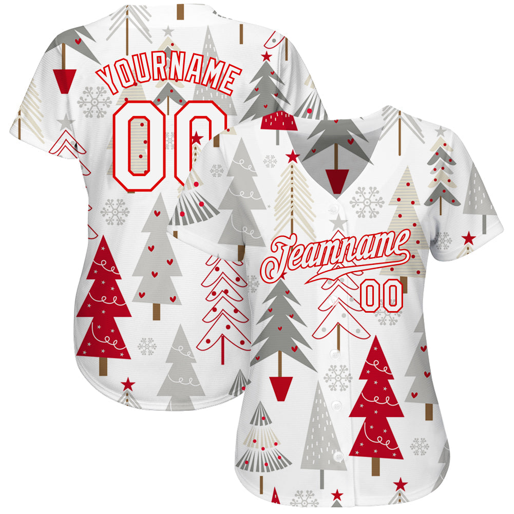 Custom Gray White-Red Christmas 3D Authentic Baseball Jersey view 2