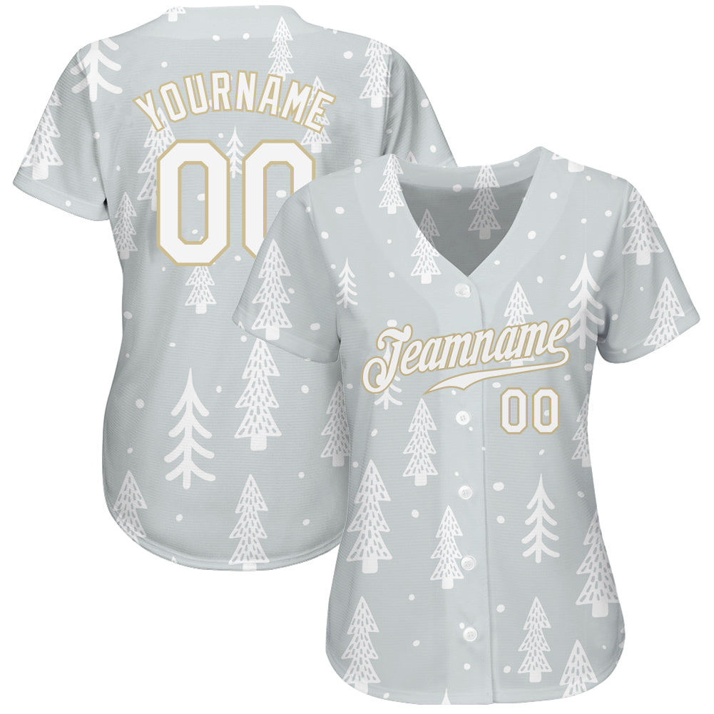 Custom Gray White-Old Gold Christmas 3D Authentic Baseball Jersey view 2