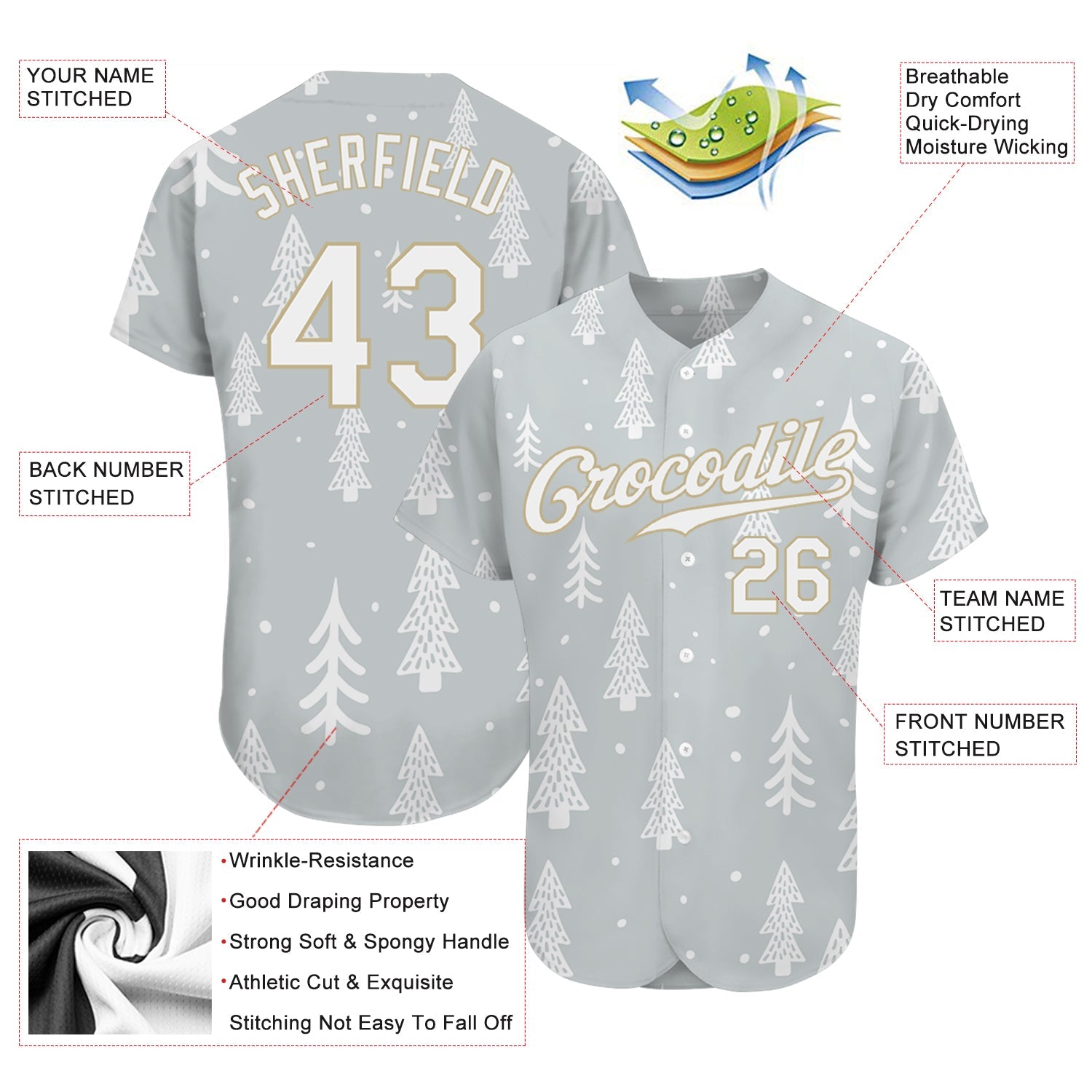Custom Gray White-Old Gold Christmas 3D Authentic Baseball Jersey view 3